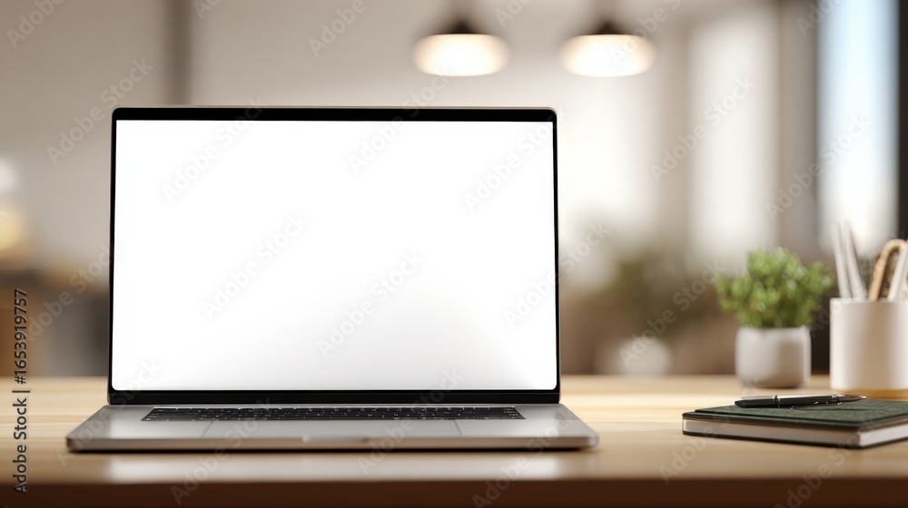 Fototapeta premium Laptop with Blank Screen on Wooden Desk in Modern Office Environment, Ready for Content Insertion