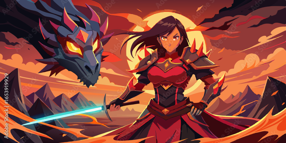 Anime warrior woman battling fierce dragon with glowing sword in fiery landscape background Anime warrior woman battling fierce dragon with glowing sword in fiery landscape background