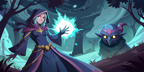 Anime sorceress casting magic spell in mystical forest battle with glowing eyes facing shadowy figure