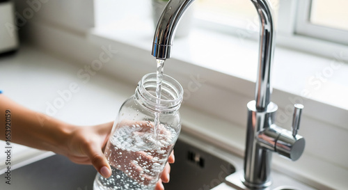 Refilling a Reusable Glass Water Bottle in a Kitchen