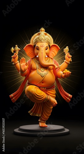 Dancing ganesha, the hindu god of wisdom and remover of obstacles, depicted as a divine sculpture