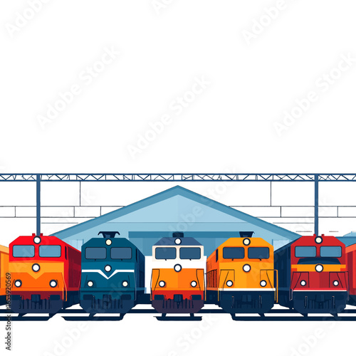 Colorful Train Locomotives at a Terminal Railway Station with Retro Pixel Art Style
