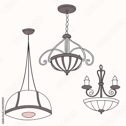 Exquisite Lighting Designs: A selection of elegant pendant lights and a graceful chandelier showcase intricate metalwork and timeless aesthetics. Suitable for interior decor and illumination needs.