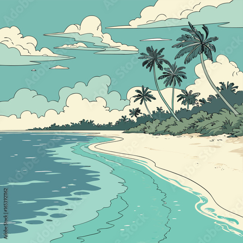 Tropical Paradise in Illustration: A serene illustration presents a pristine sandy beach fringed with swaying palm tree, clear turquoise water gently kisses the shore.