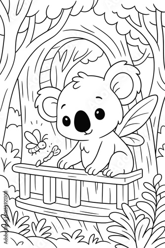 Cute koala sitting on a wooden platform in a whimsical forest with butterfly in black and white