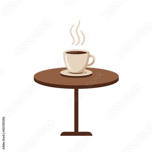 Cup of steaming coffee on round wooden table on white background copy space
