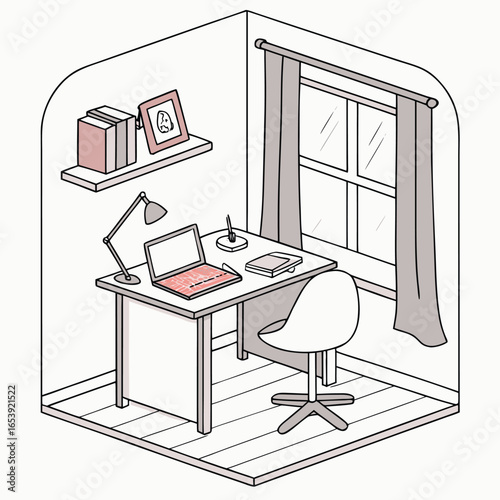Home Office workspace Illustration: A cozy home office depicted with a minimalist aesthetic, featuring a desk with a laptop, chair, bookshelf, window and a curated sense of comfort and productivity.