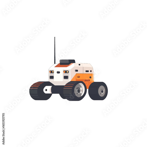 Isolated Low Resolution Pixel Art of a White and Orange Rover with Black Wheels and Antenna Against Plain White Background