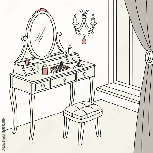 Elegant Vanity Illustration: An illustration of a beautifully appointed vanity set, featuring a classic mirror, stylish stool, and decorative accents in a serene bedroom scene.
