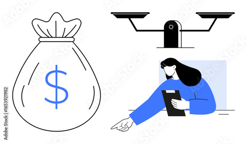 Woman holding a clipboard pointing, a money bag highlights wealth, and scales symbolize fairness. Ideal for finance, consulting, decision-making, justice, investment, education simple landing page