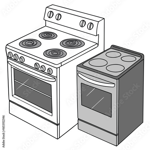 Oven in Home: Clean, line art of electric oven appliances showcased for home and interior design or culinary concepts