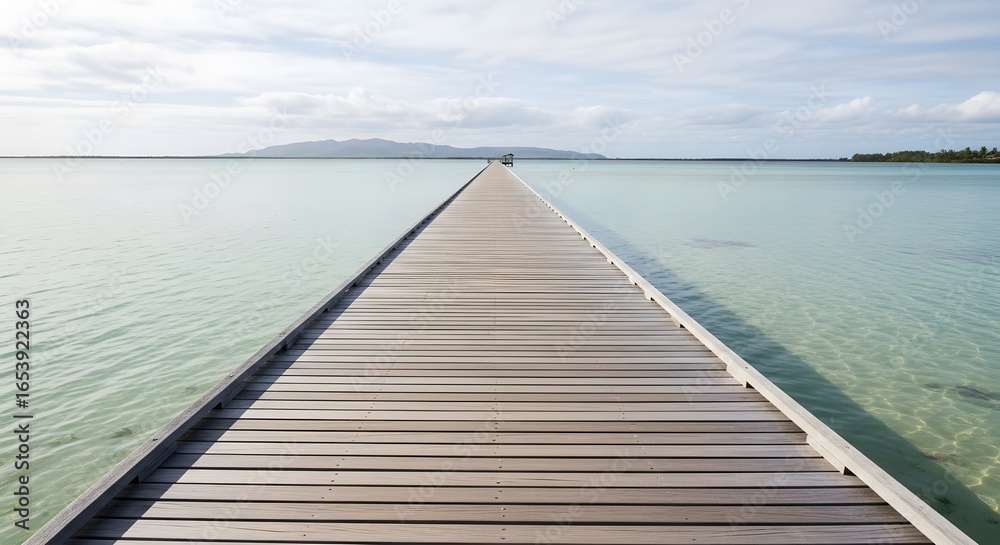 Fototapeta premium Photo of long wooden pier extending into calm turquoise water towards the horizon