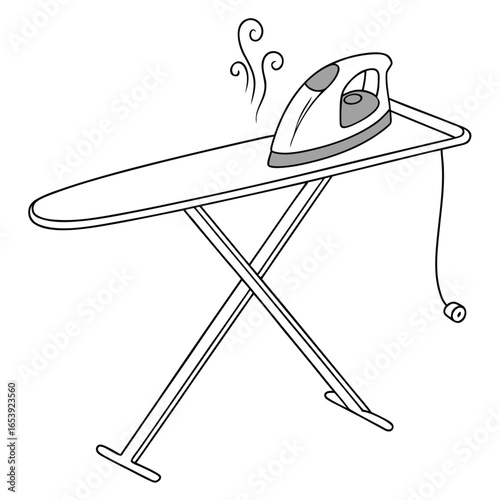 Ironing Board and Iron: A domestic scene features a hot iron on an ironing board, steam gently curling upward. The image showcases everyday domestic tasks.