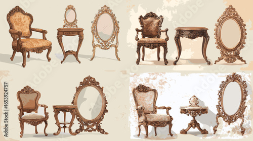 Classic vintage furniture illustration featuring ornate chairs, mirrors, and tables in antique style. Ideal for retro interior design, royal decor, and elegant home illustration projects.