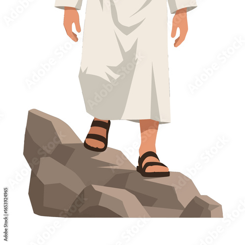 Figure Standing on Rocks Wearing White Robe and Brown Sandals in Simple Cartoon Style