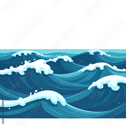 Pixelated Ocean Waves In Shades Of Blue With White Foam Against A White Background Illustrating Coastal Scenes