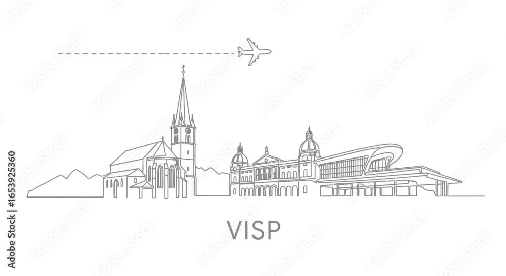 Obraz premium Visp with Switzerland Skyline Illustration, and Airplane.