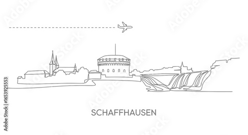 Schaffhausen Line Art Airplane with Landmark, and Travel.