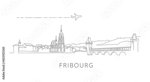 Fribourg Skyline Line Art with Travel, and Airplane.