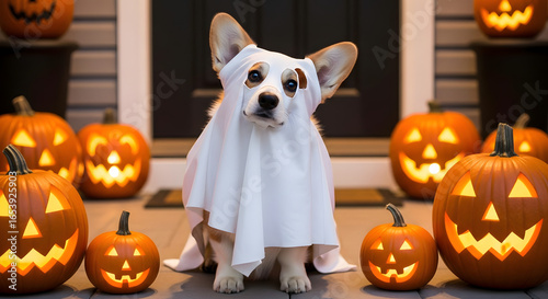 Adorable corgi dog dressed as a ghost surrounded by glowing carved pumpkins on a porch at Halloween