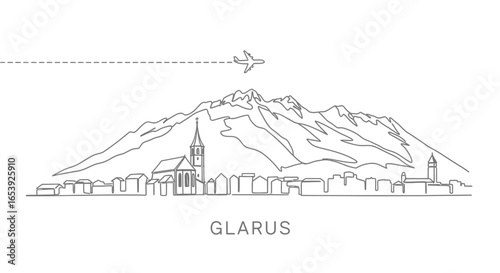 Glarus Skyline with Swiss Alps, Airplane, and Minimalist.