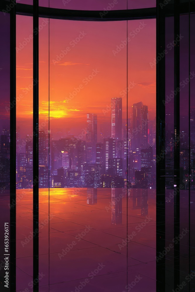 Obraz premium Colorful Cyberpunk City Sunset Through Window