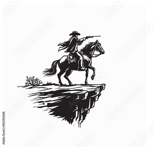 Silhouette of Cowboy Sitting Beside Horse Aiming Gun Vector Illustration