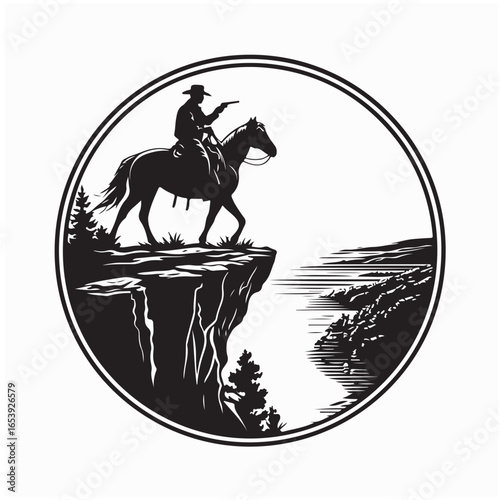 Silhouette of Cowboy Sitting Beside Horse Aiming Gun Vector Illustration