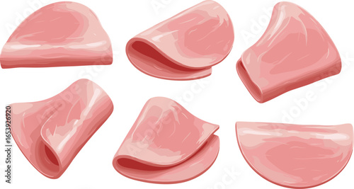 Realistic slices of deli ham meat, isolated vector illustration, raw pink ham pieces, food design, sandwich ingredient, fresh meat texture, culinary clipart