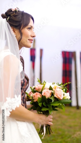 Bride in profile with bouquet