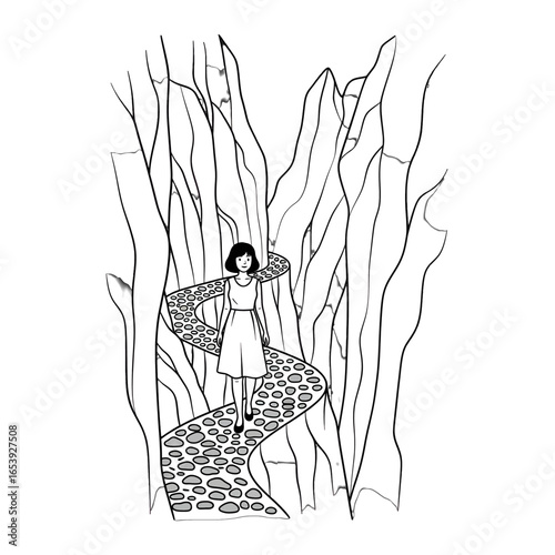 Monochrome Illustration of a Woman on a Stone Path Through a Forest of Tall Thin Trees in Minimalist Style