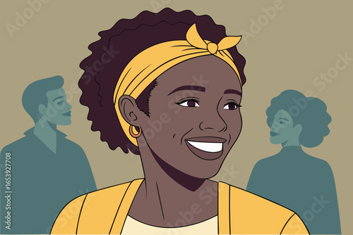 Smiling Black Woman with Yellow Headband and Earring in Foreground happy confident