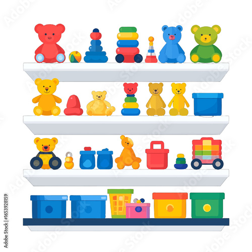 Pixel Art Display of Toy Collection on White Shelves Featuring Teddy Bears Stacking Toys and Colorful Containers in Organized Arrangement
