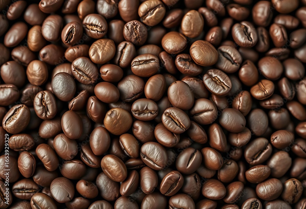 Fototapeta premium Close-up of a cluster of coffee beans, various shades of brown, texture, beverage
