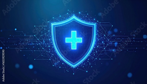 A glowing digital shield with a medical cross, surrounded by network nodes and lines, symbolizing healthcare data security and protection in a neon blue tech style.