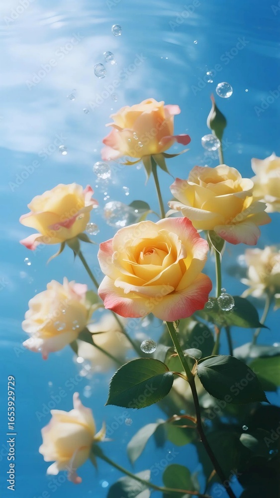 Obraz premium Yellow Roses Blooming Underwater with Air Bubbles in Blue Light