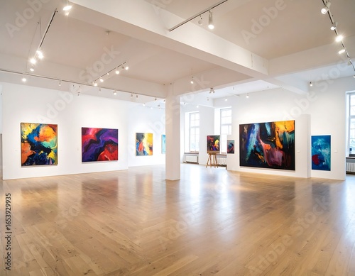 Bright abstract paintings in a spacious gallery