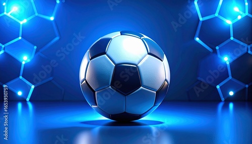 Futuristic glowing blue soccer ball on reflective surface with hexagonal light grid background.