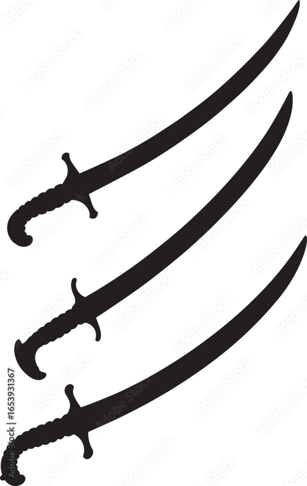Fototapeta premium Three curved swords arranged in a dynamic pattern silhouette