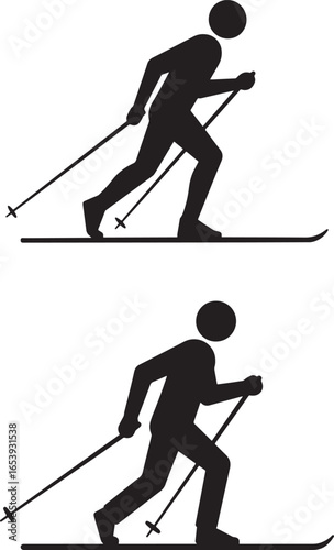 Two dynamic silhouettes of cross country skiers in action silhouette