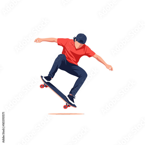 Man in Red T Shirt Skateboarding with Black Skate Shoes on White Background Performing a Trick Skillfully