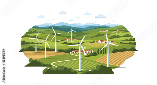 Pixel Art Depicting Wind Turbines in Verdant Countryside Landscape Under a Clear Blue Sky Generating Clean Energy