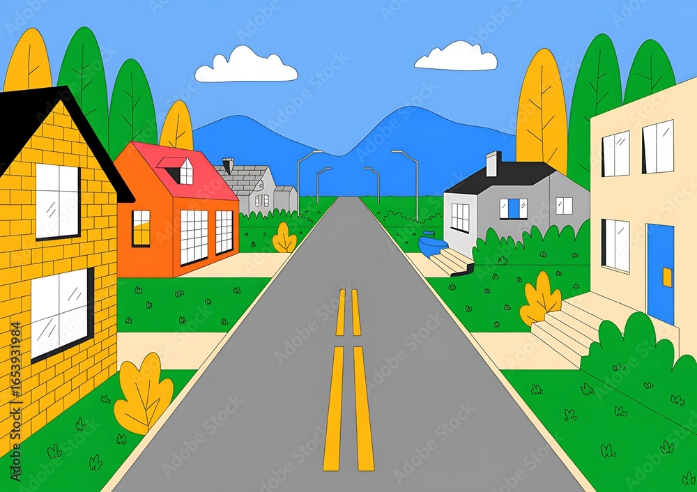 Naklejka premium Colorful illustration of a suburban street with houses and trees