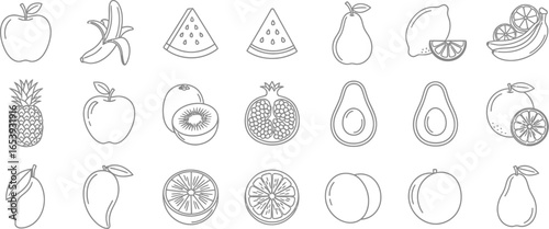 Fruit outline vector set healthy food illustration apple banana and orange