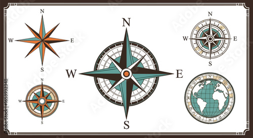 Vintage compass rose vector set for nautical navigation and direction find