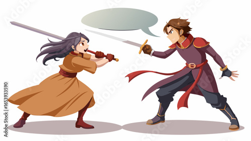 Boy and girl facing each other with swords, empty speech bubble for text or dialogue placeholder