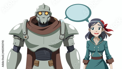 Robot and Girl Standing Together Vector | Comic Speech Bubble, Sci-Fi Cartoon Illustration