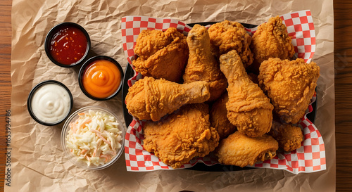 A tempting overhead view of a large platter of golden and crispy fried chicken pieces, including drumsticks, thighs, and wings, served with a variety of dipping sauces and a side of creamy 