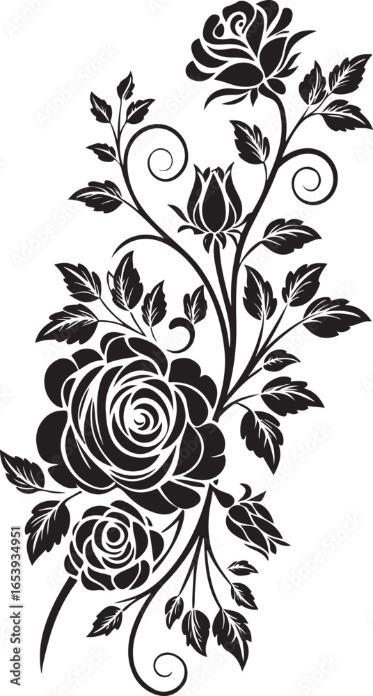 A black and white image shows a stylized floral design with a rose and accompanying leaves and swirls.
A black and white image shows a stylized floral design with a rose and accompanying leaves and swirls.