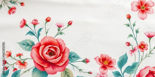 Delicate watercolor floral pattern on soft linen fabric background, petals, fabric texture